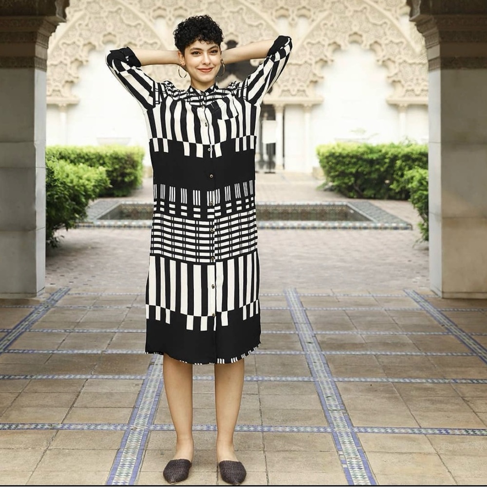 100% Silk Midi Geometric Black and White Shirt Dress by MATTER Prints